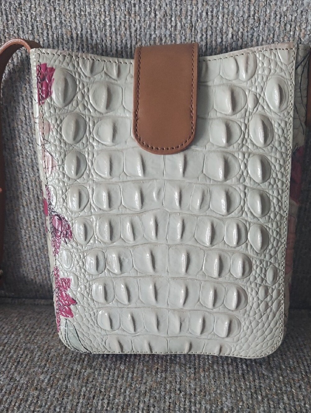 Brahmin Cream Croc-Embossed Crossbody with Pink Floral Trim and Tan Strap - Picture 2 of 8